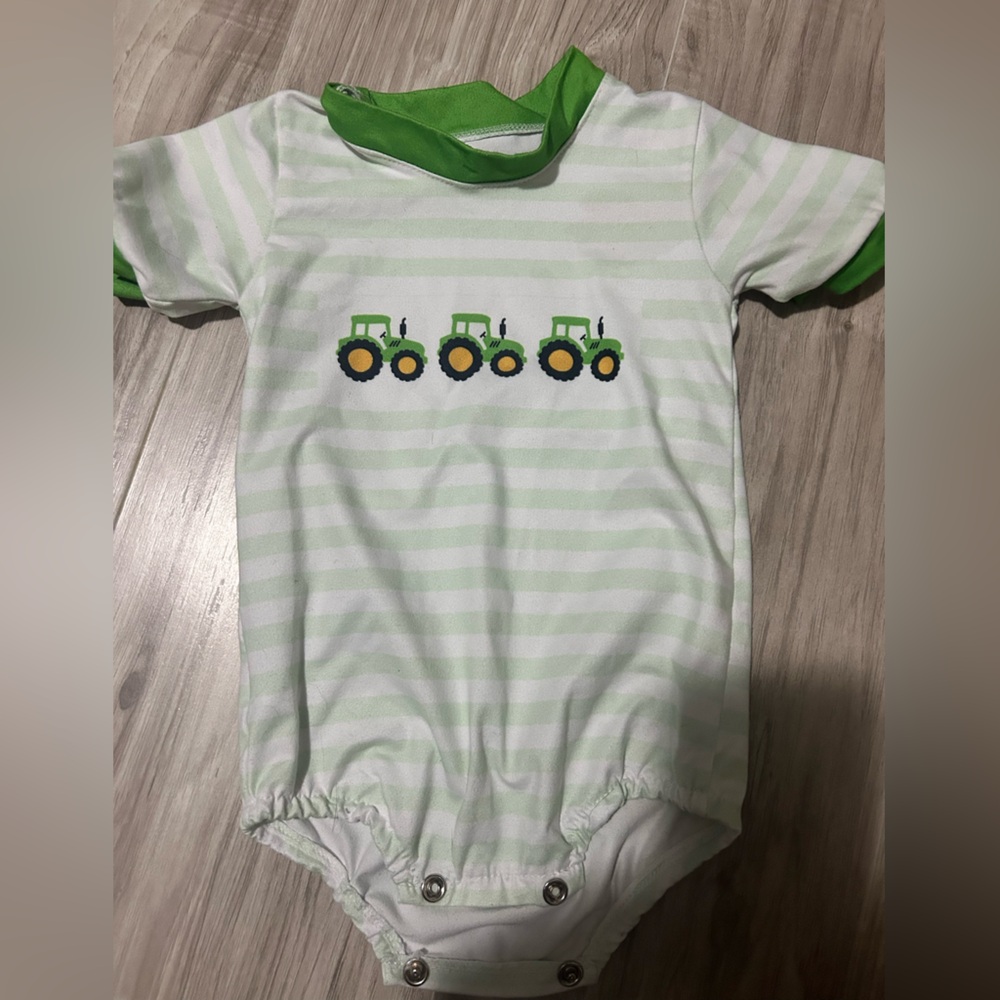 Green and White Striped Baby Onesie with Tractor Design